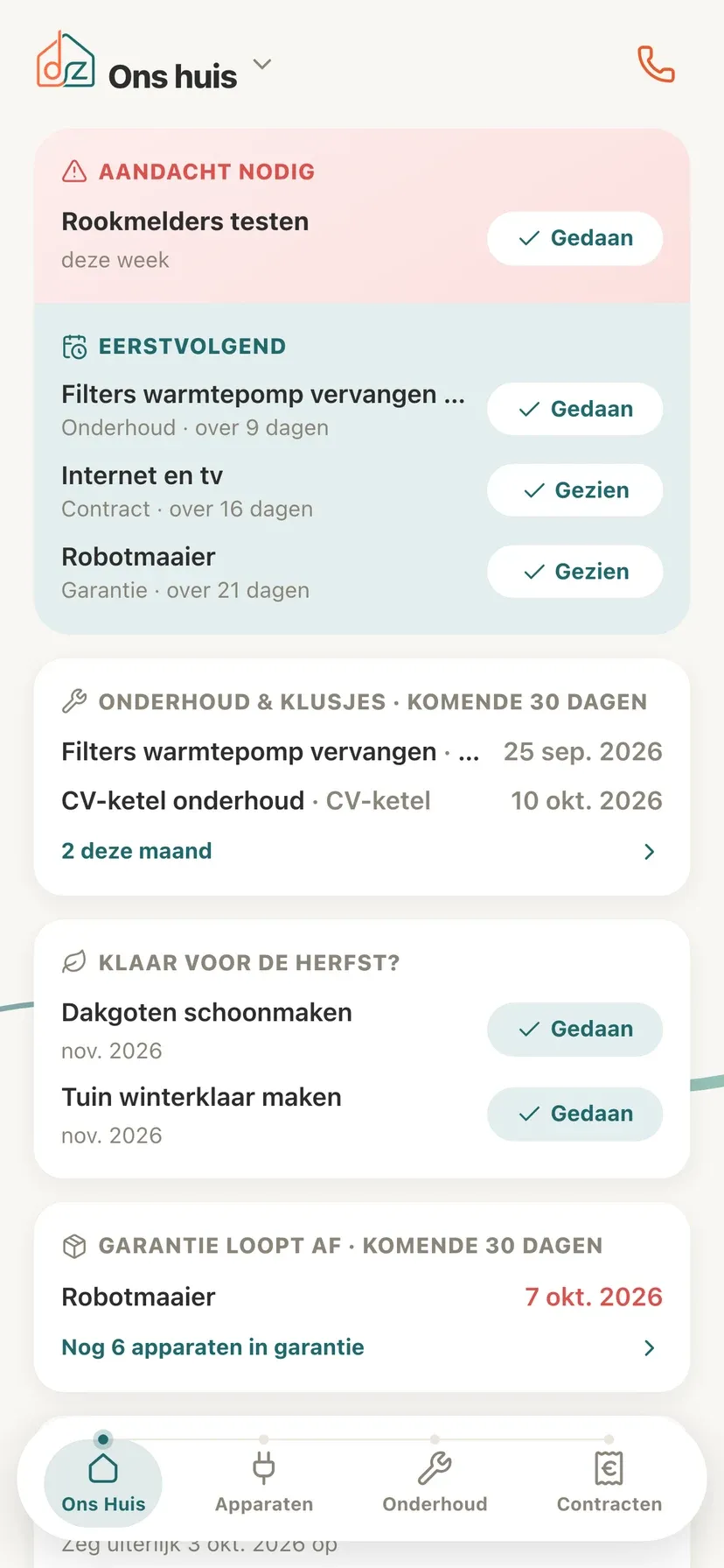 Het startscherm van Domeaz: wat deze week aandacht nodig heeft, het eerstvolgende onderhoud en de garantie die binnenkort afloopt