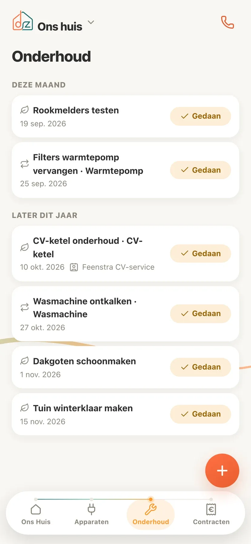 Het onderhoudsoverzicht in Domeaz met de klussen van deze maand en later dit jaar