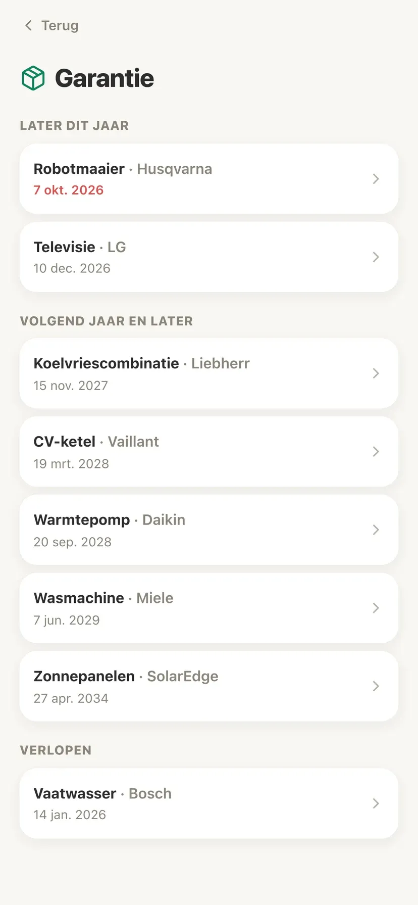 Het garantieoverzicht in Domeaz, gesorteerd op de datum waarop de garantie afloopt